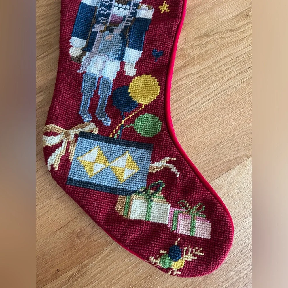 VTG Wool Needlepoint Nutcracker Christmas Stocking Red Velvet Back 20
